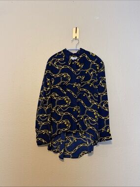 Amanda Uprichard silk Navy blue Chain Print Button Down Top Size Medium